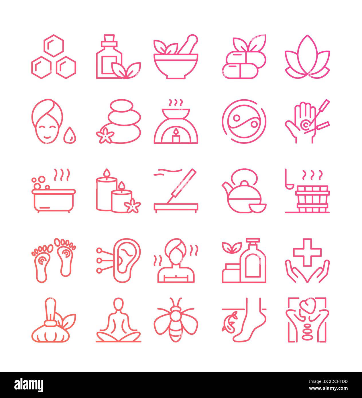 Ayurveda dünne Linie Symbole gesetzt, skizzieren Vektor-Illustration, Symbole der gesunden alternativen Medizin Stock Vektor