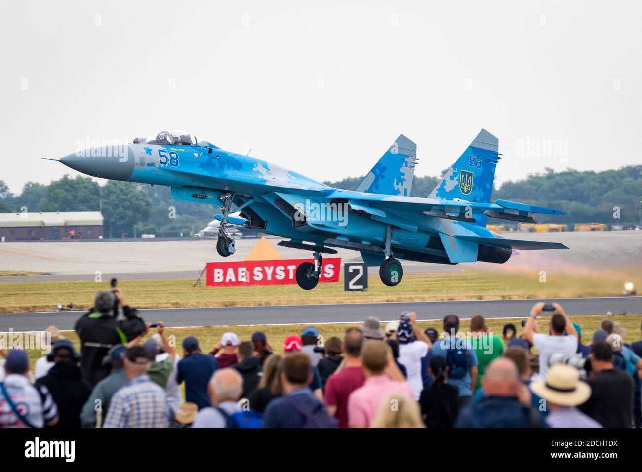 Die ukrainische Luftwaffe Sukhoi Su-27 Kampfflugzeuge starten von der RAF Fairford Airbase. Großbritannien – 13. Juli 2018 Stockfoto