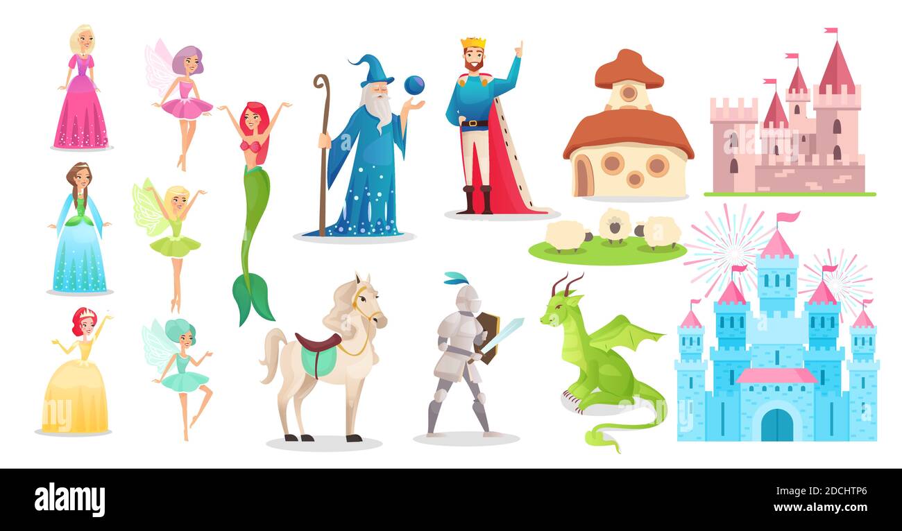 Märchen-Charakter-Set, Cartoon Prinzessin, Prinz Ritter mit Schwert, König in Krone, mittelalterliche Burg Stock Vektor