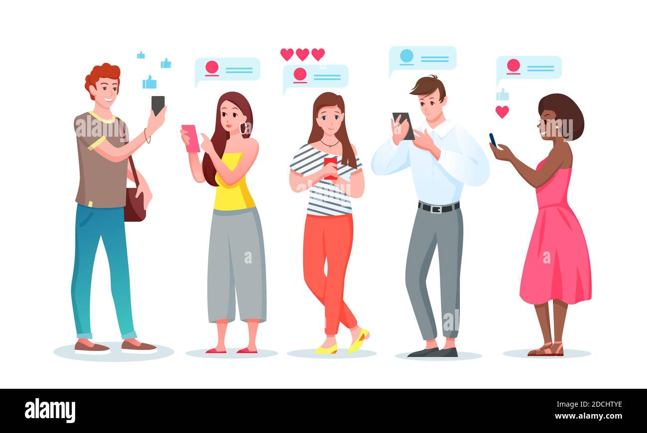 Chat Internet-Kommunikations-Set, Cartoon junge Menschen chatten in Social Media Messenger Phone App Stock Vektor