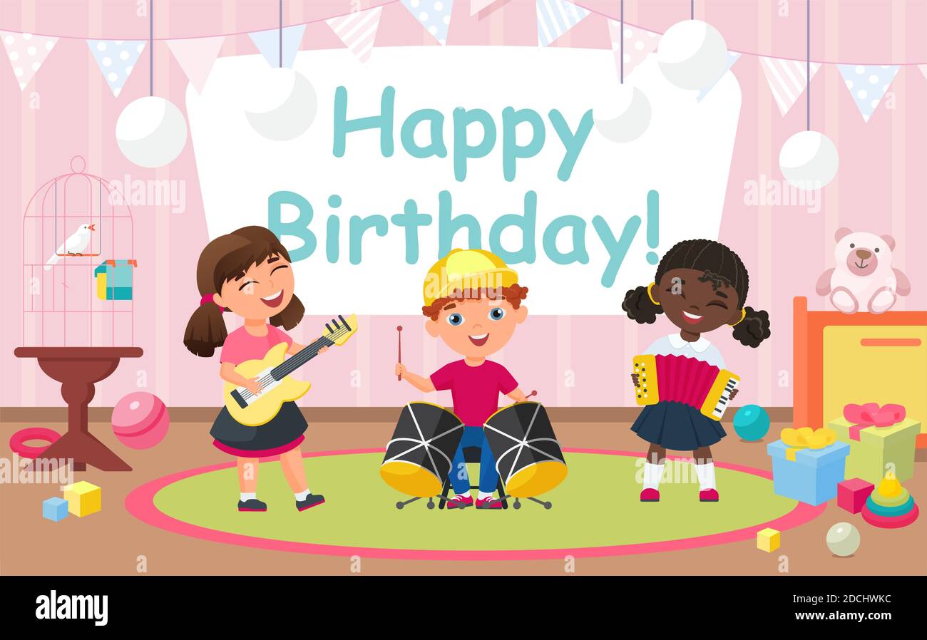 Kinder feiern Geburtstag Party Vektor Illustration. Cartoon Gruppe von glücklichen Kindern Musiker spielen Musik auf Musikinstrumenten, Freunde feiern Spaß Geburtsdatum. Hintergrund der Einladungskarte Stock Vektor