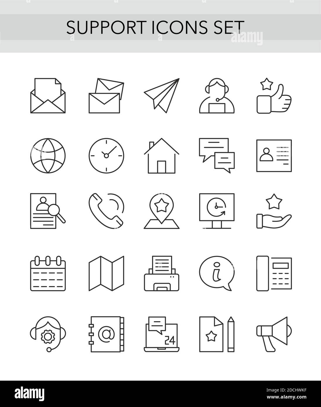 Support-Service dünne Linie Symbole gesetzt, skizzieren Vektor Illustration Sammlung mit Kunden Tech-Hilfe Stock Vektor