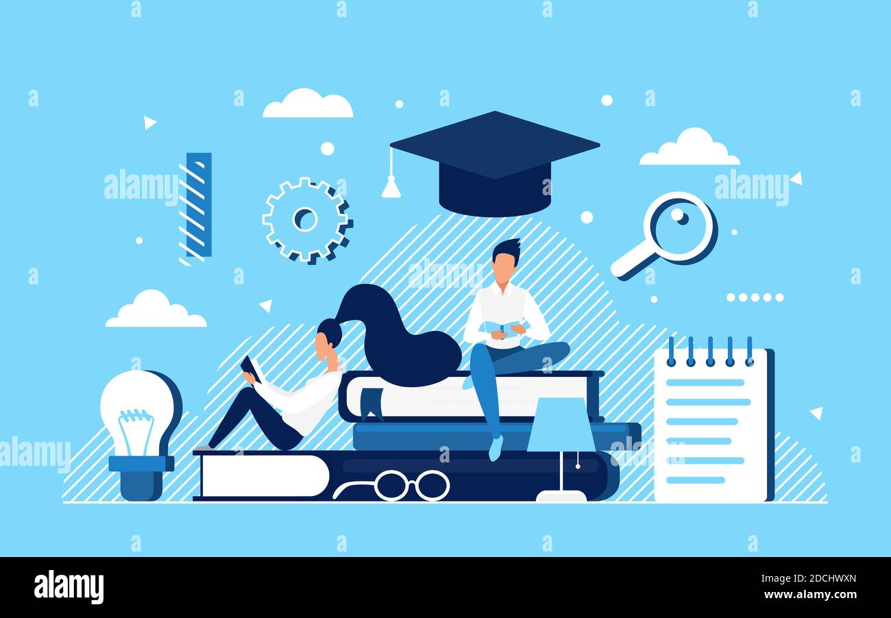 Menschen lesen und studieren, Bildung Konzept Vektor Illustration. Zeichentrickfilm Studenten Figuren Bücher, eBooks oder Lehrbücher, kreative pädagogische Hintergrund für Fernunterricht, Online-Kurse Stock Vektor
