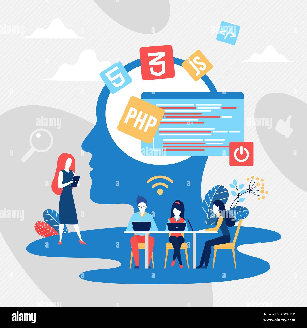 Kodierung Teamarbeit Konzept Vektor Illustration. Cartoon Programmierer Team von Menschen arbeiten, Studium der Informatik, erstellen Code der Programmiersprache neben abstrakten Mann Kopf Silhouette Hintergrund Stock Vektor