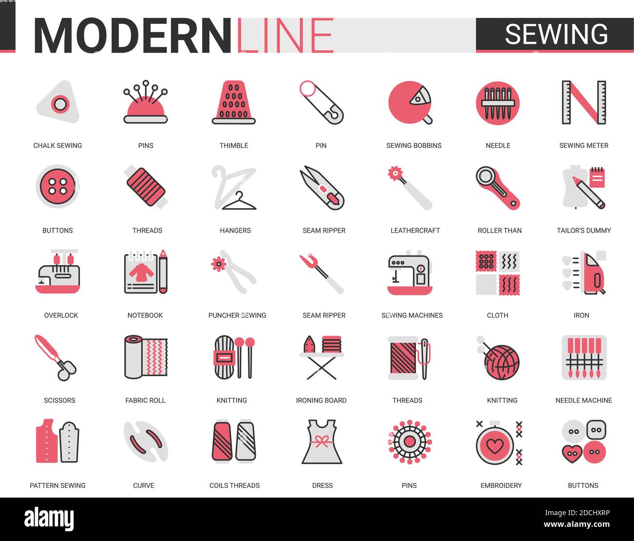 Nähen Schneiderei dünne rot schwarz flache Linie Symbol Vektor Illustration set. Outline maßgeschneiderte Nadelarbeit App Symbole, Ausrüstung und Artikel Sammlung für Stickerei Stricken oder Nähen Kleidung arbeiten Stock Vektor