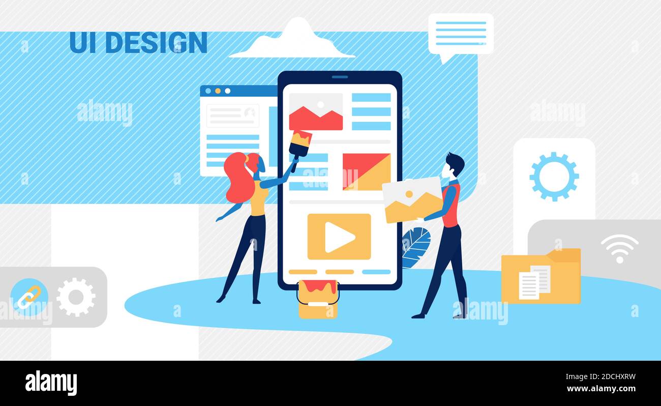 Menschen erstellen ui Design Konzept Vektor Illustration. Cartoon winzige Designer-Team arbeitet an kreativen Benutzer-Anwendung Schnittstelle für Smartphone, Entwickler Charakter schaffen moderne mobile App Hintergrund Stock Vektor