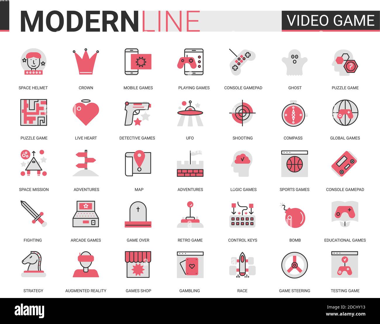 Videospiel rot schwarz flache Linie Symbol Vektor Illustration Set mit Umriss Unterhaltung mobile App Symbole Sammlung mit Geräten und Gadgets für Gamer, vr Brille für Gaming in Augmented Reality Stock Vektor