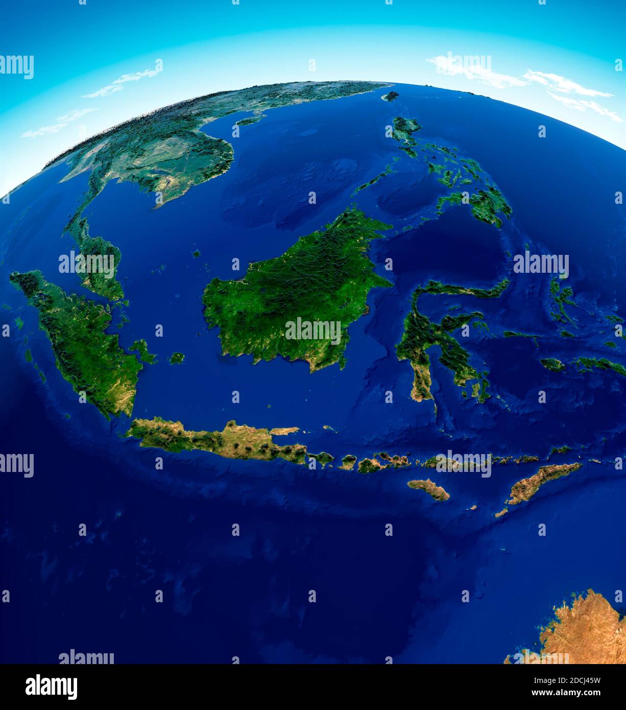 Globenkarte Indonesiens, physikalische Karte Südostasien, Karte mit Reliefs und Bergen und Pazifischem Ozean, Atlas, Kartographie. Satellitenansicht Stockfoto