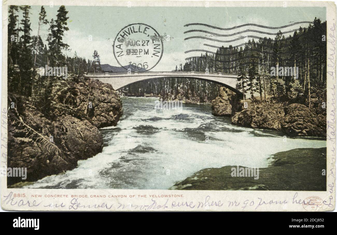 Neue Betonbrücke, Yellowstone Ntl. Park, Wyo., Standbild, Postkarten, 1898 - 1931 Stockfoto