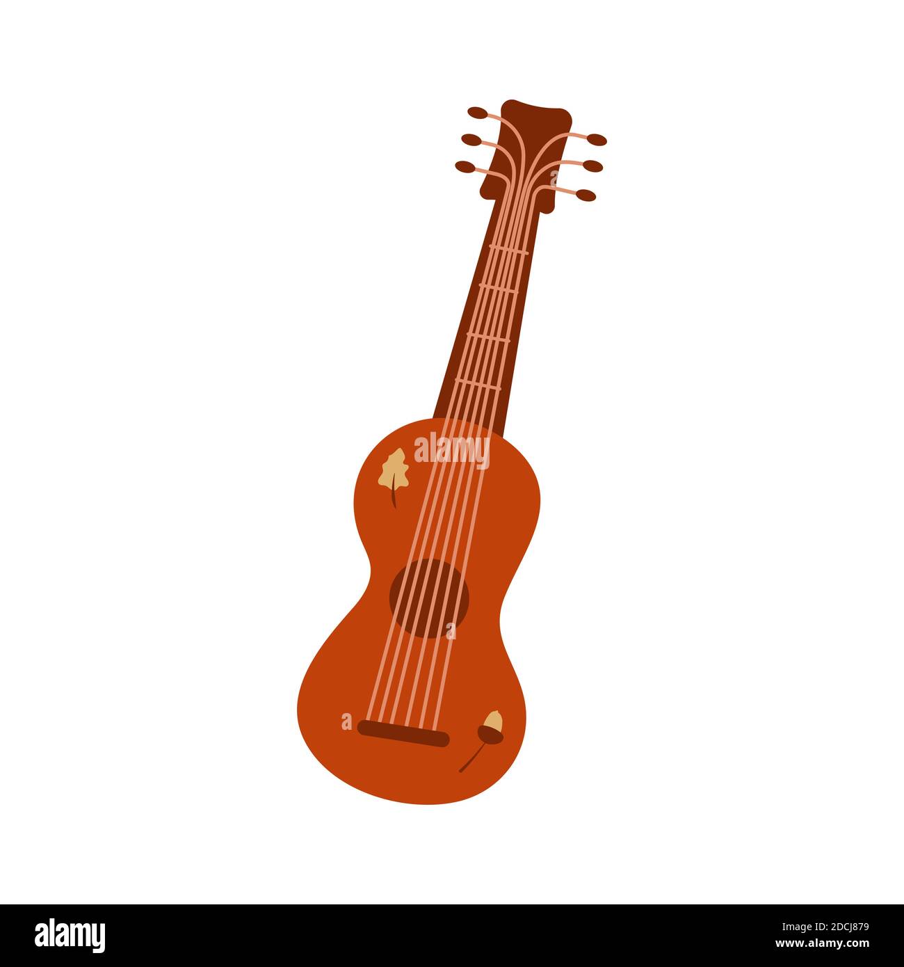 Akustische Gitarre. Kleine hölzerne Ukulele. Akorn- und Blattdruck. Trendy bunte Vektor isoliert Illustration im Cartoon-Stil. Musikinstrument Stock Vektor