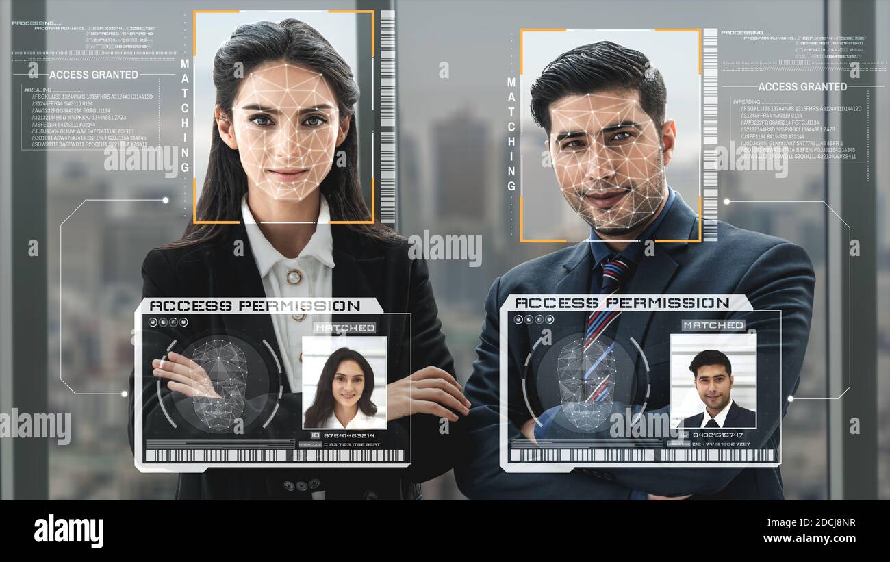 Gesichtserkennung Technologie scannen und erkennen Menschen Gesicht zur Identifizierung . Future Concept Interface zeigt digitales biometrisches Sicherheitssystem das Stockfoto