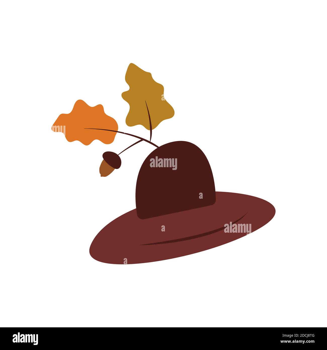 Hut mit Krempe, Herbstblättern und Eichel. Kopfbedeckung zum Schutz. Für einen Spaziergang im Wald. Förster Hut. Bunte Vektorgrafik auf weißem Hintergrund Stock Vektor