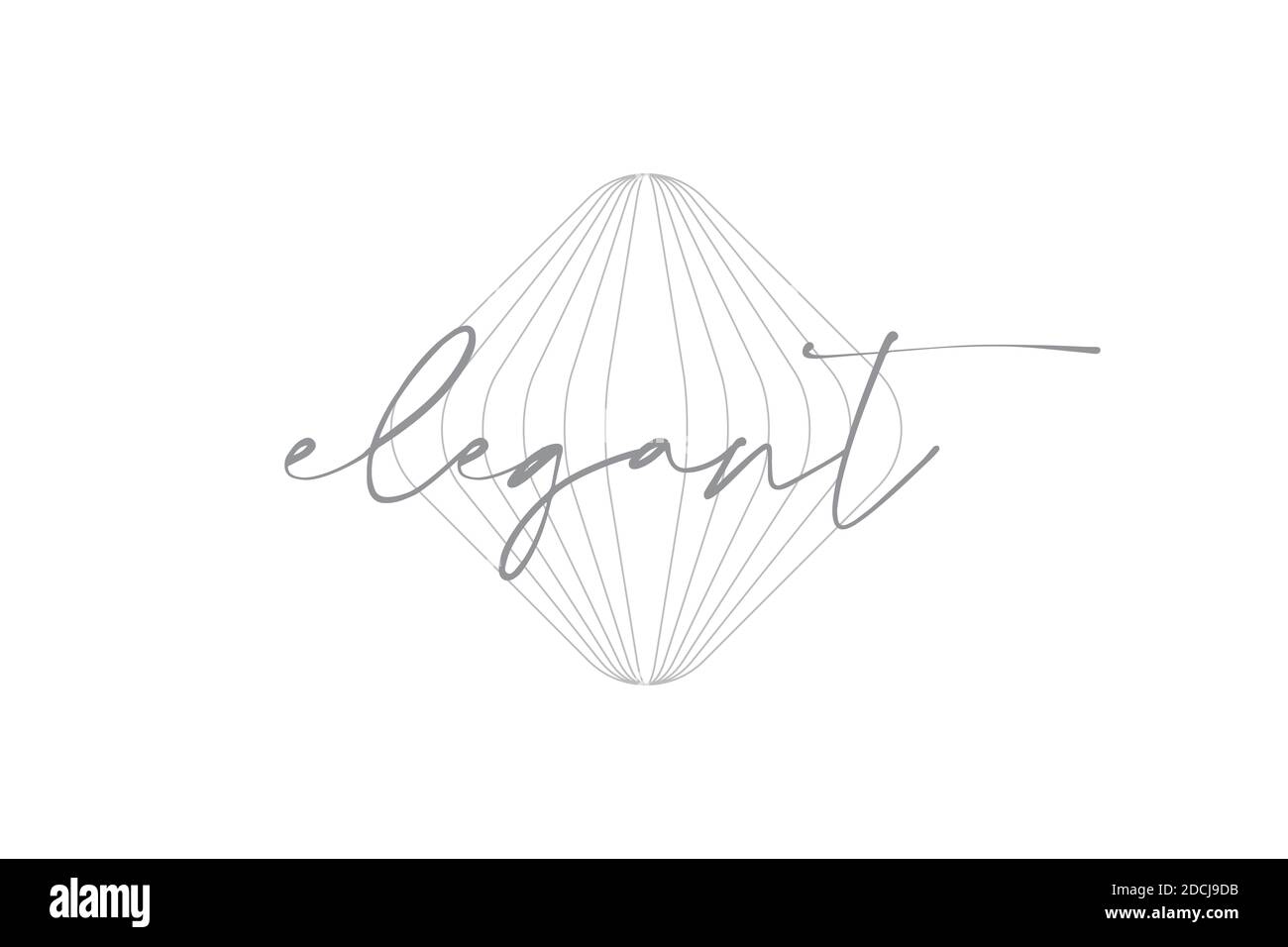 Einfaches, modernes Grafikdesign eines Wortes "elegant" mit rhomboidaler geometrischer Form mit wiederholten Linien in grauer Farbe. Handschriftlich, kalligraphisch Stockfoto