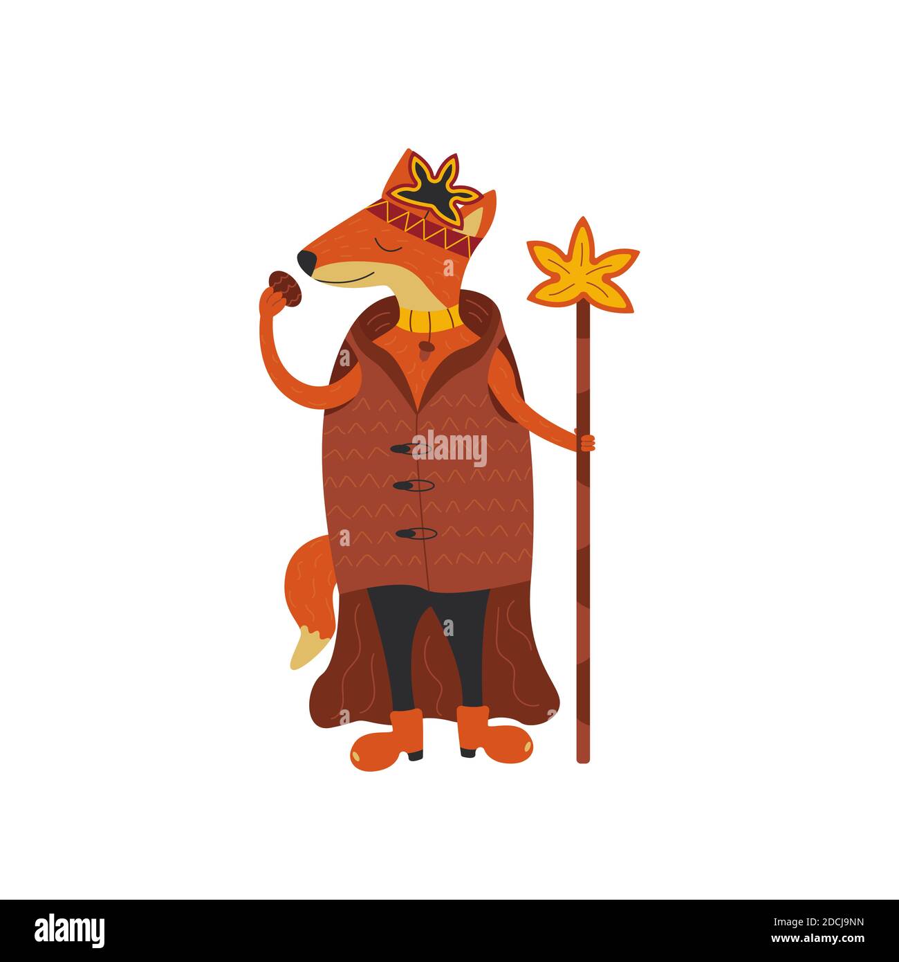 Rotfuchskönig in einem Mantel und Krone hält einen Keks. Bunte isolierte Vektor-Illustration im Cartoon-Stil. Kinderkarte. Stab mit einem Ahornblatt. Stock Vektor