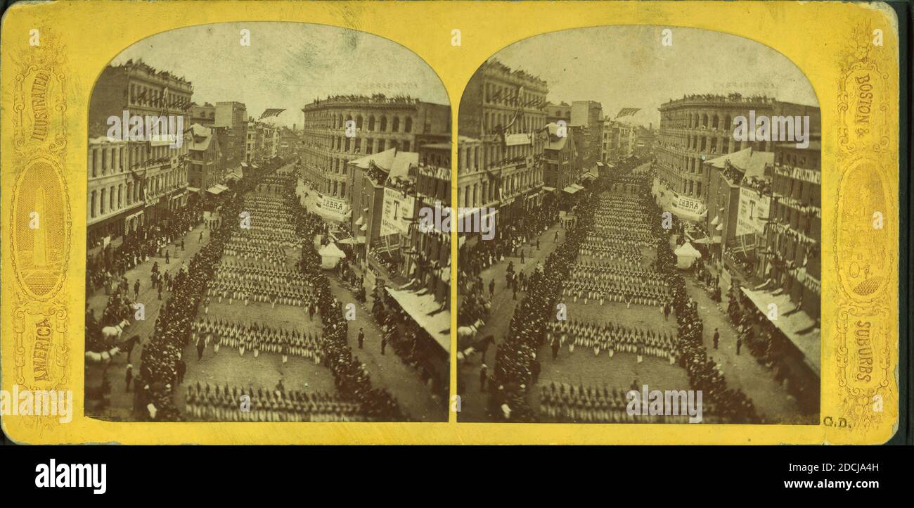 Große militärische Prozession, 17. Juni 1875, genommen von Comer's Blue Store 152 bis 164 Washington St., Boston., Standbild, Stereographen, 1875 Stockfoto