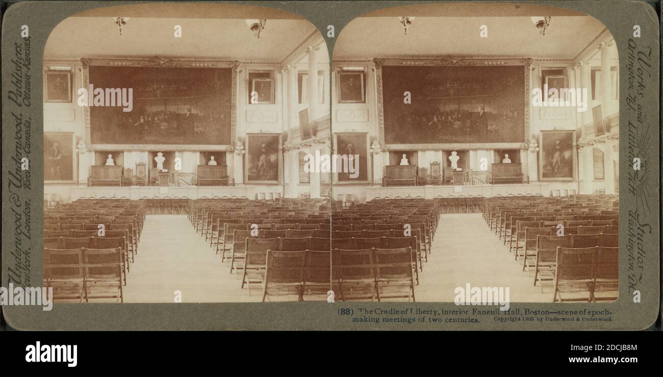 Die Wiege der Freiheit, Innenraum, Faneuil Hall, Boston - Szene der epochemachenden Treffen von zwei Jahrhunderten., Standbild, Stereographen, 1850 - 1930 Stockfoto