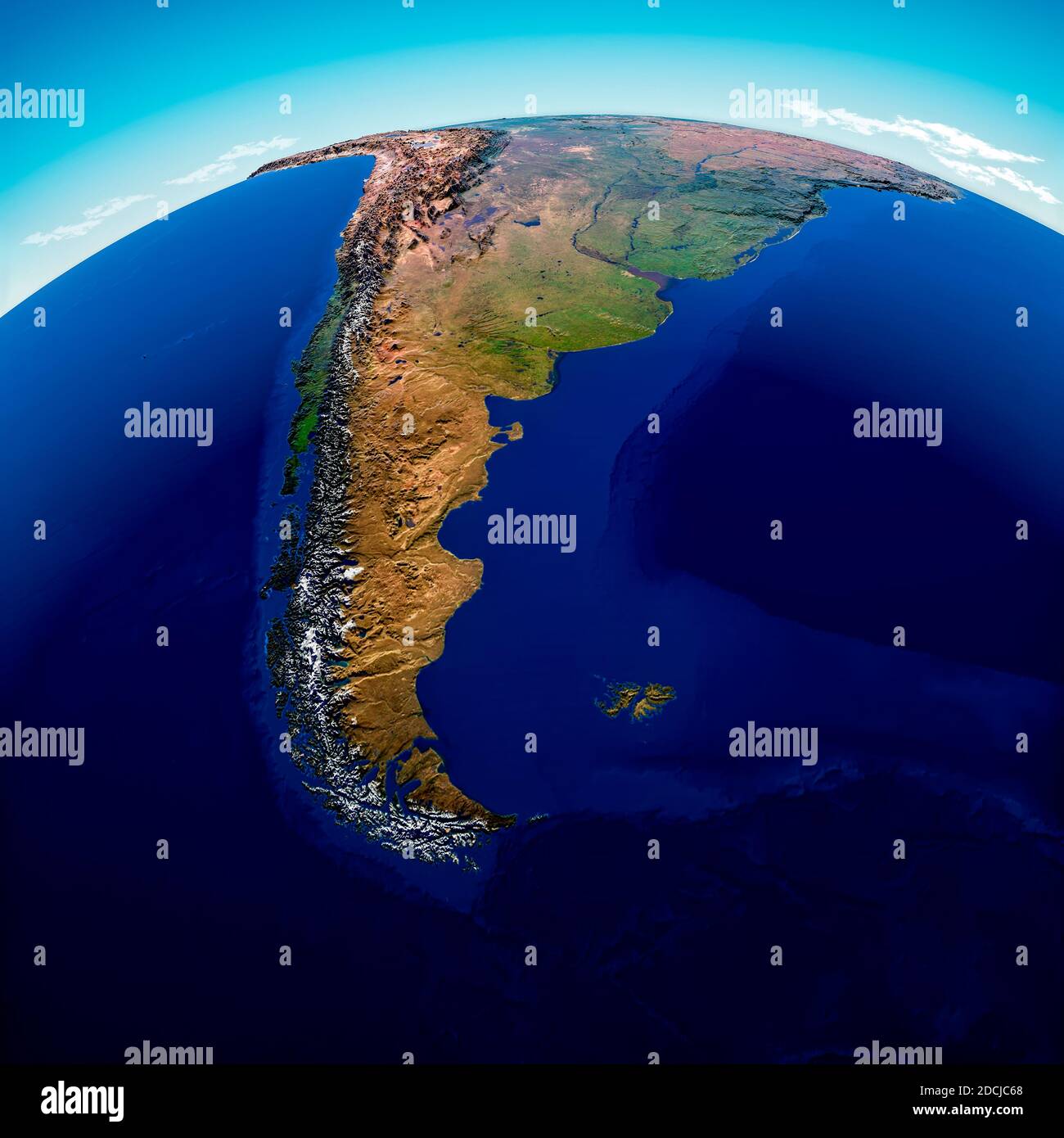 Weltkarte von Südamerika, geographische Karte, Physik. Kartographie, Atlas. Karte mit Reliefs und Bergen. Argentinien, Chile. Satellitenansicht. 3d-Rendering Stockfoto