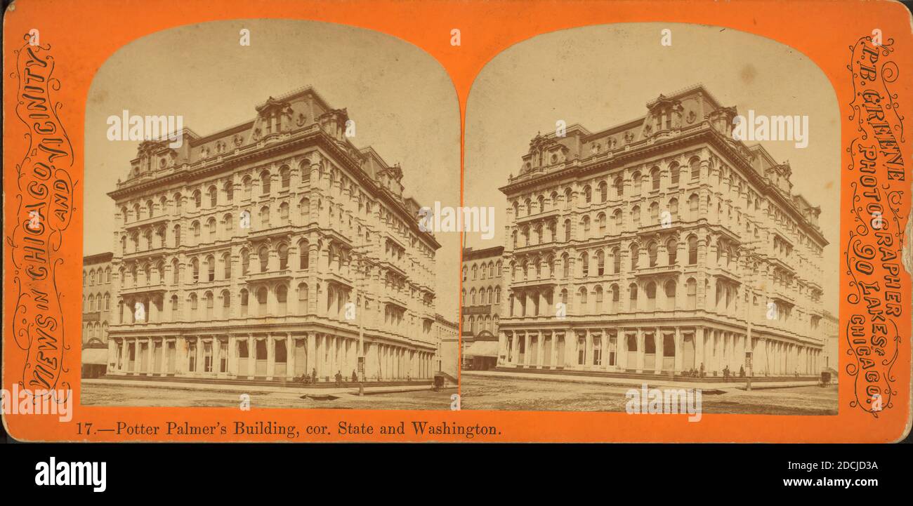 Potter Palmers Gebäude, cor. Staat und Washington., Standbild, Stereographen, 1850 - 1930, Greene, P. B Stockfoto