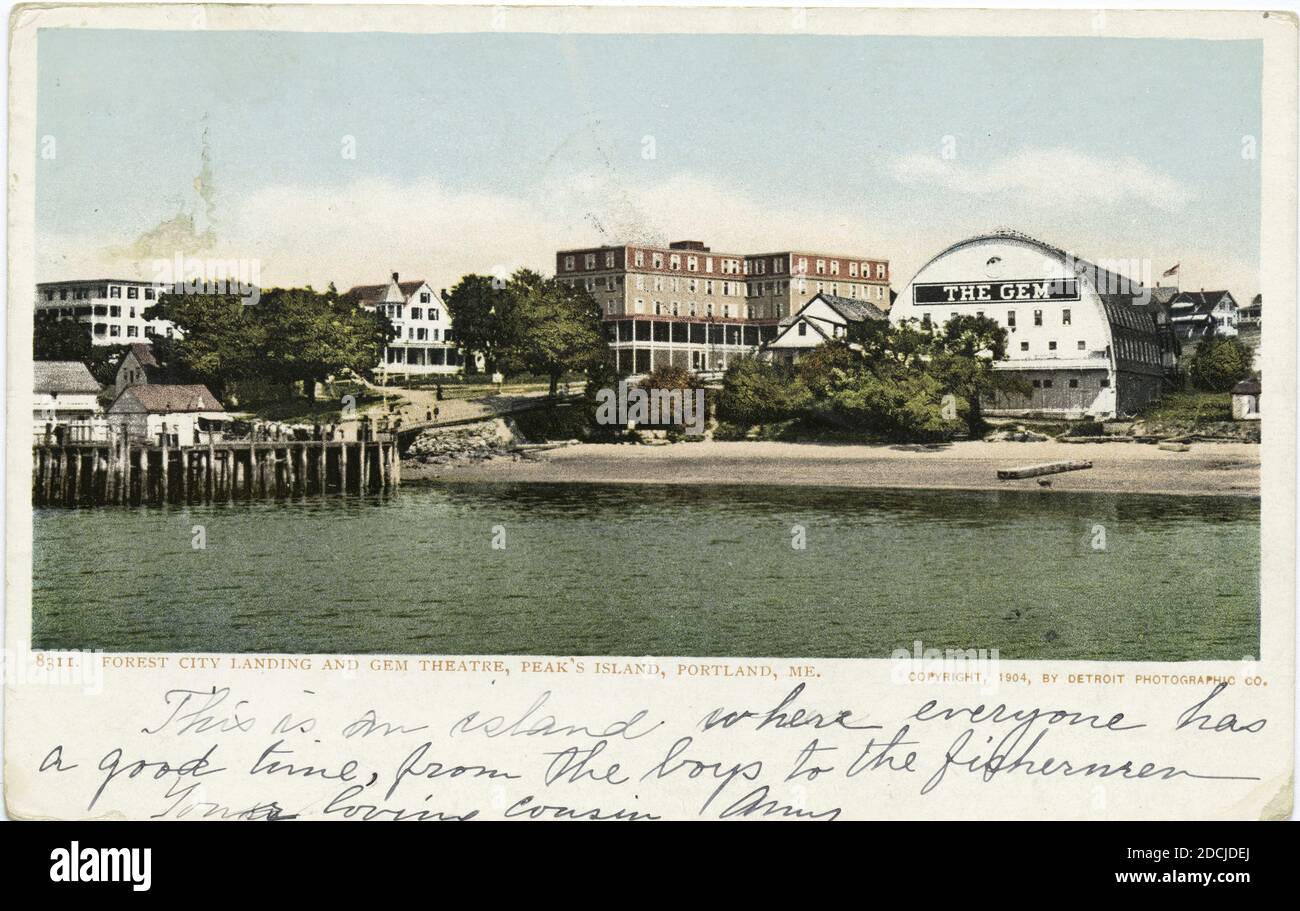 Forest City Landing and Gem Theatre, Peak's Island, Portland, Me., Standbild, Postkarten, 1898 - 1931 Stockfoto