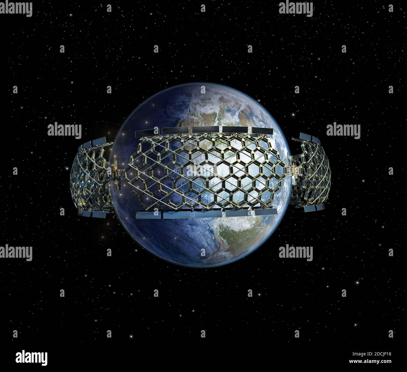 3D Illustration einer geodätischen Wabenstruktur, die die Erde umgibt, als Symbol der Menschheit, die eine Typ-1-Zivilisation auf Kardaschew-Skala erreicht, für sci Stockfoto