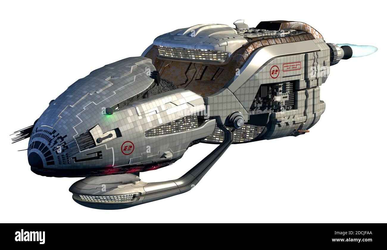 3D Illustration von futuristischen Raumfahrzeugen oder militärischen Überwachungsdrohnen für Science-Fiction-Kunstwerke, Fantasy-Spiele oder interstellare Raumfahrt. Clipp Stockfoto