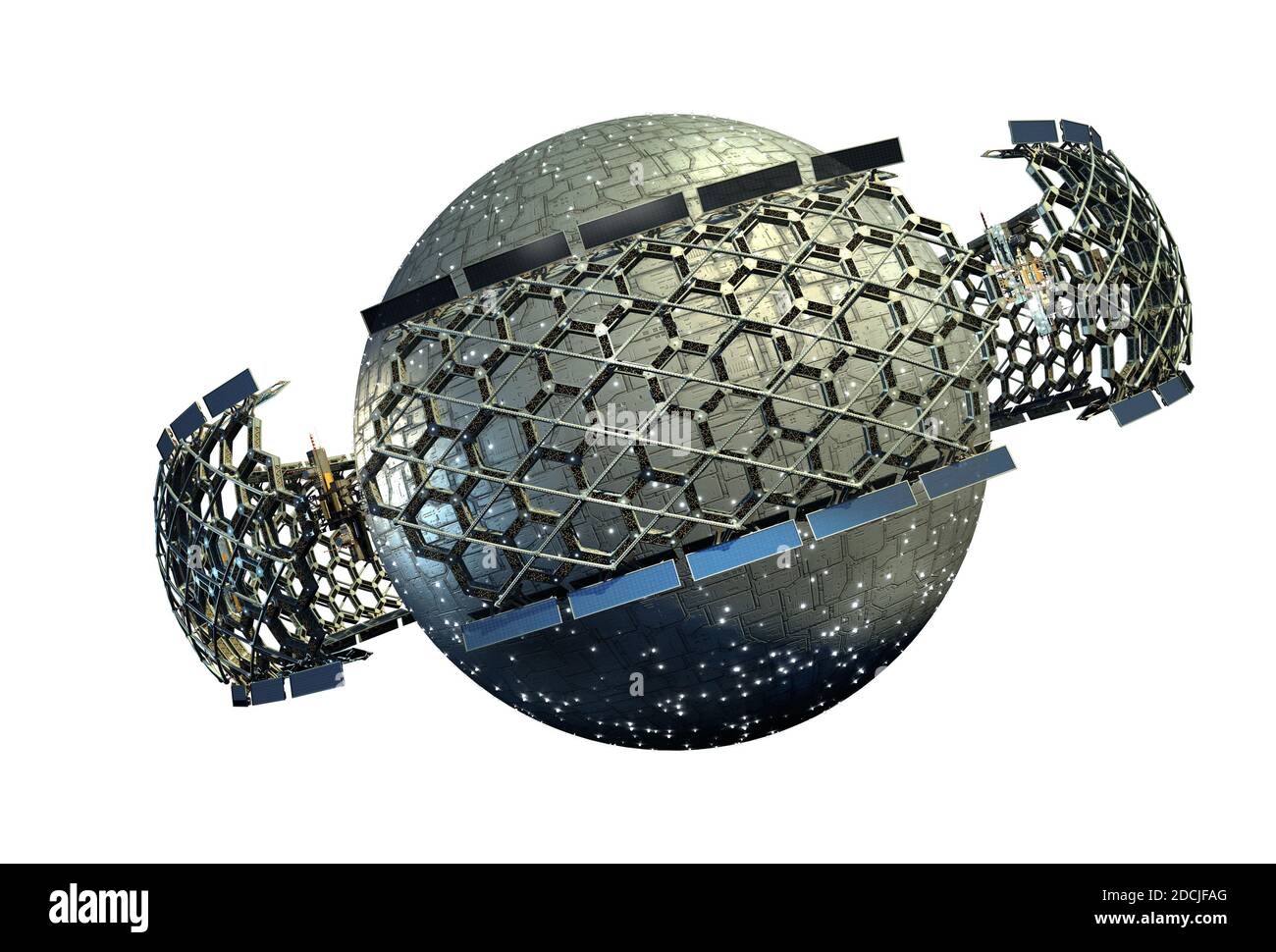 3D Illustration eines Raumschiffs mit einer geodätischen Wabenstruktur, die eine zentrale metallische Kugel umgibt, für Science-Fiction-Artwork oder Videospiel zurück Stockfoto