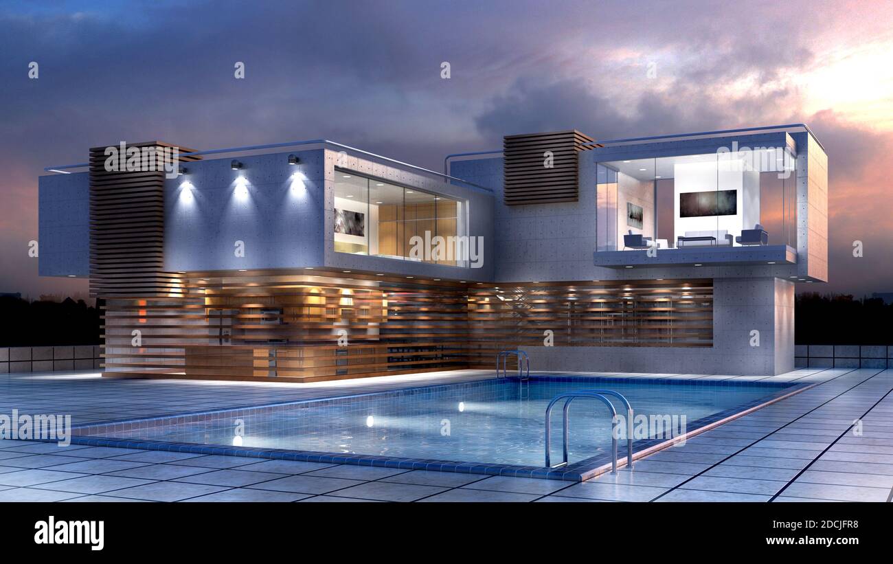3D-Illustration eines modernen Luxushauses mit Pool, für zeitgenössische architektonische Designhintergründe. Stockfoto