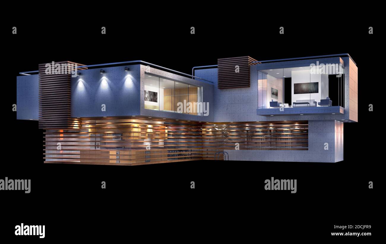 3D-Illustration eines modernen Luxushauses in einem zeitgenössischen architektonischen Design, auf schwarzem Hintergrund, mit dem Isolationspfad in der Datei enthalten. Stockfoto