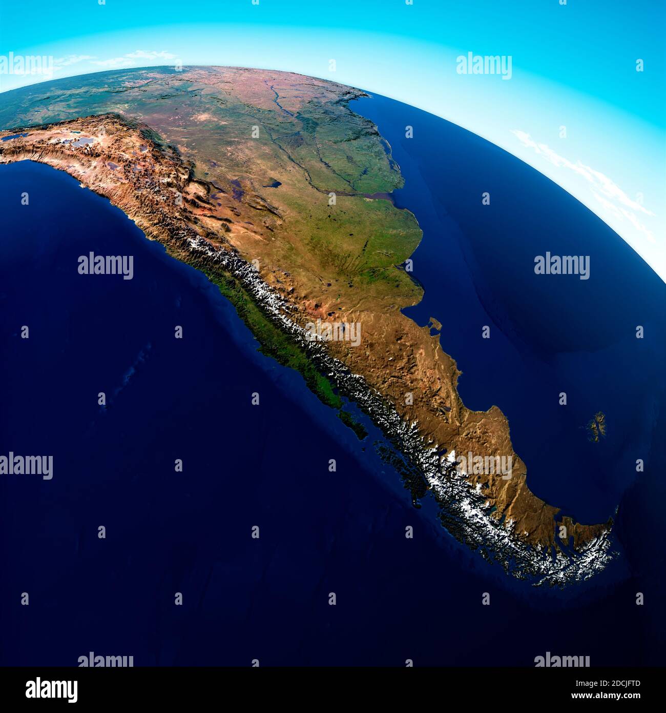 Weltkarte von Südamerika, geographische Karte, Physik. Kartographie, Atlas. Karte mit Reliefs und Bergen. Argentinien, Chile. Satellitenansicht Stockfoto