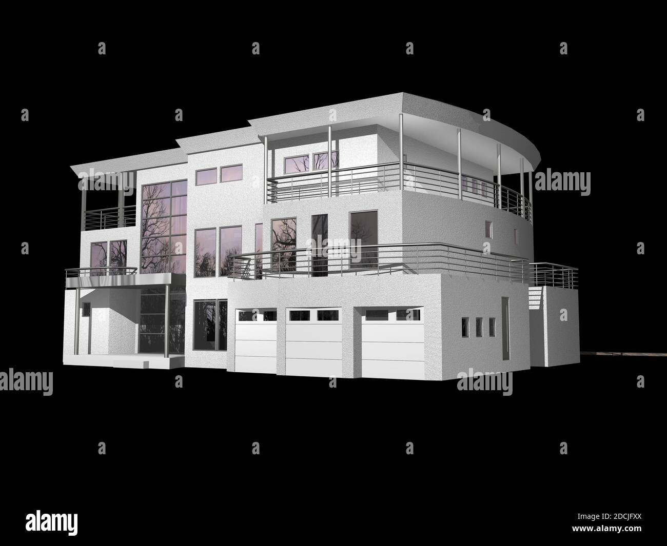 3D Illustration eines generischen, modernen Hauses auf schwarzem Hintergrund. Stockfoto