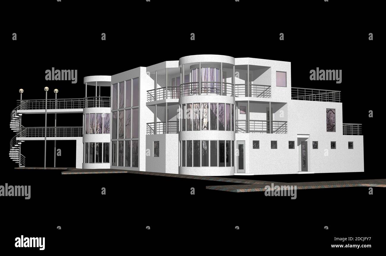 3D Illustration eines generischen, modernen Hauses auf schwarzem Hintergrund. Stockfoto