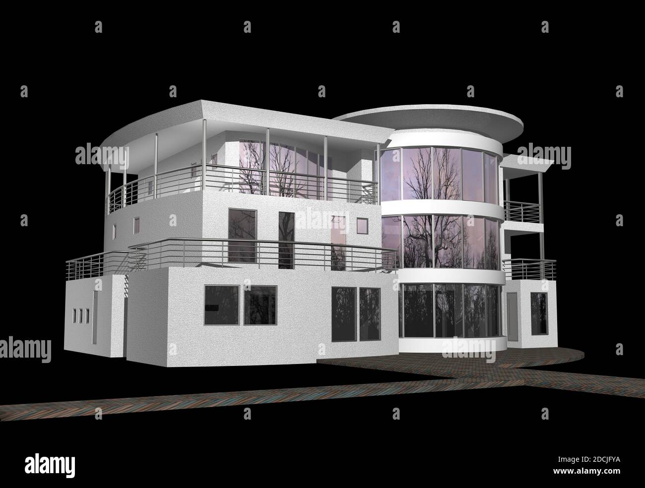 3D Illustration eines generischen, modernen Hauses auf schwarzem Hintergrund. Stockfoto