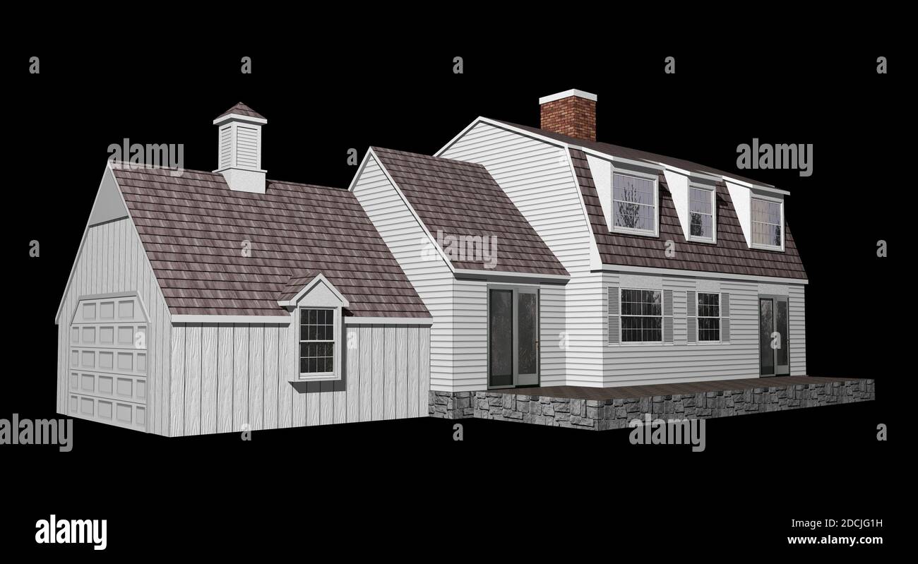 3D Abbildung eines Hauses auf schwarzem Hintergrund, mit dem Isolation Arbeitspfad in der Datei enthalten. Stockfoto