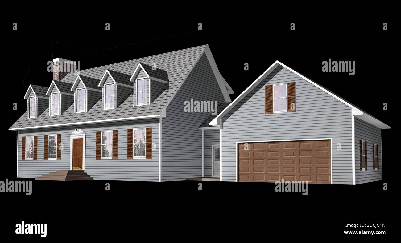 3D Abbildung eines Hauses auf schwarzem Hintergrund, mit dem Isolation Arbeitspfad in der Datei enthalten. Stockfoto