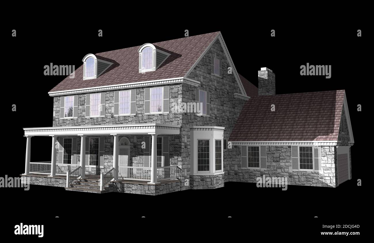 3D Abbildung eines Hauses auf schwarzem Hintergrund, mit dem Isolation Arbeitspfad in der Datei enthalten. Stockfoto