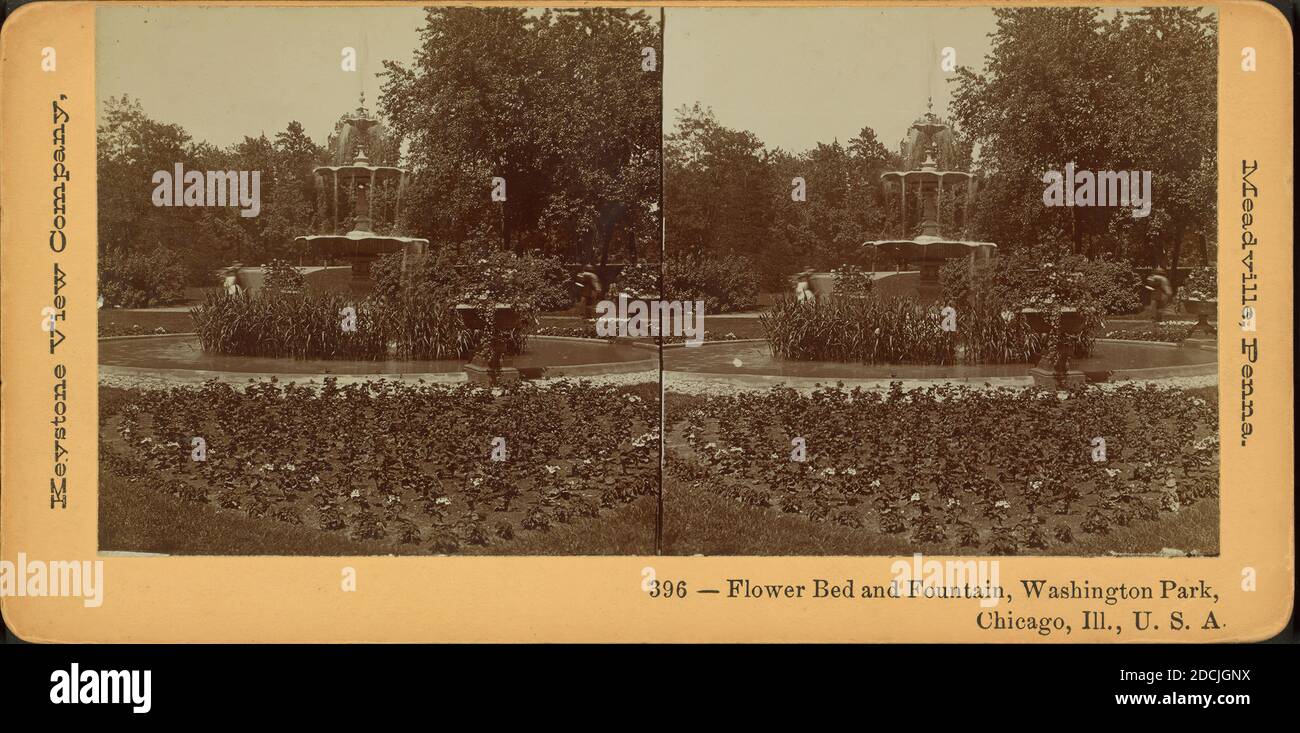 Blumenbeet und Brunnen, Washington Park, Chicago, Ill. USA, Standbild, Stereographen, 1850 - 1930, Keystone View Company Stockfoto