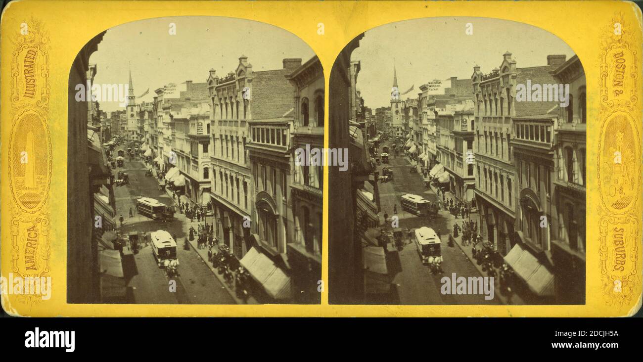 Blick auf die Washington Street mit Trolley-Verkehr, Standbild, Stereographen, 1850 - 1930 Stockfoto