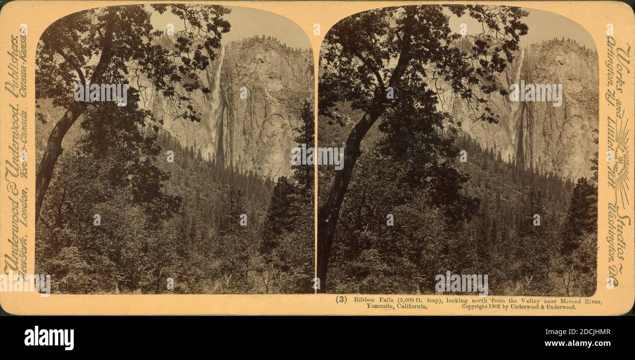 Ribbon Falls (2,000 ft. Sprung) Blick nach Norden vom Tal in der Nähe von Merced River, Yosemite, Kalifornien., Standbild, Stereographen, 1893 - 1904 Stockfoto