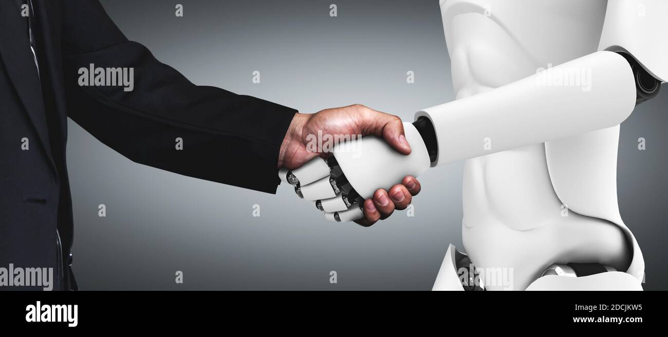 3D Rendering humanoide Roboter Handshake zur Zusammenarbeit zukünftige Technologieentwicklung von KI denken Gehirn, künstliche Intelligenz und maschinelles Lernen Stockfoto