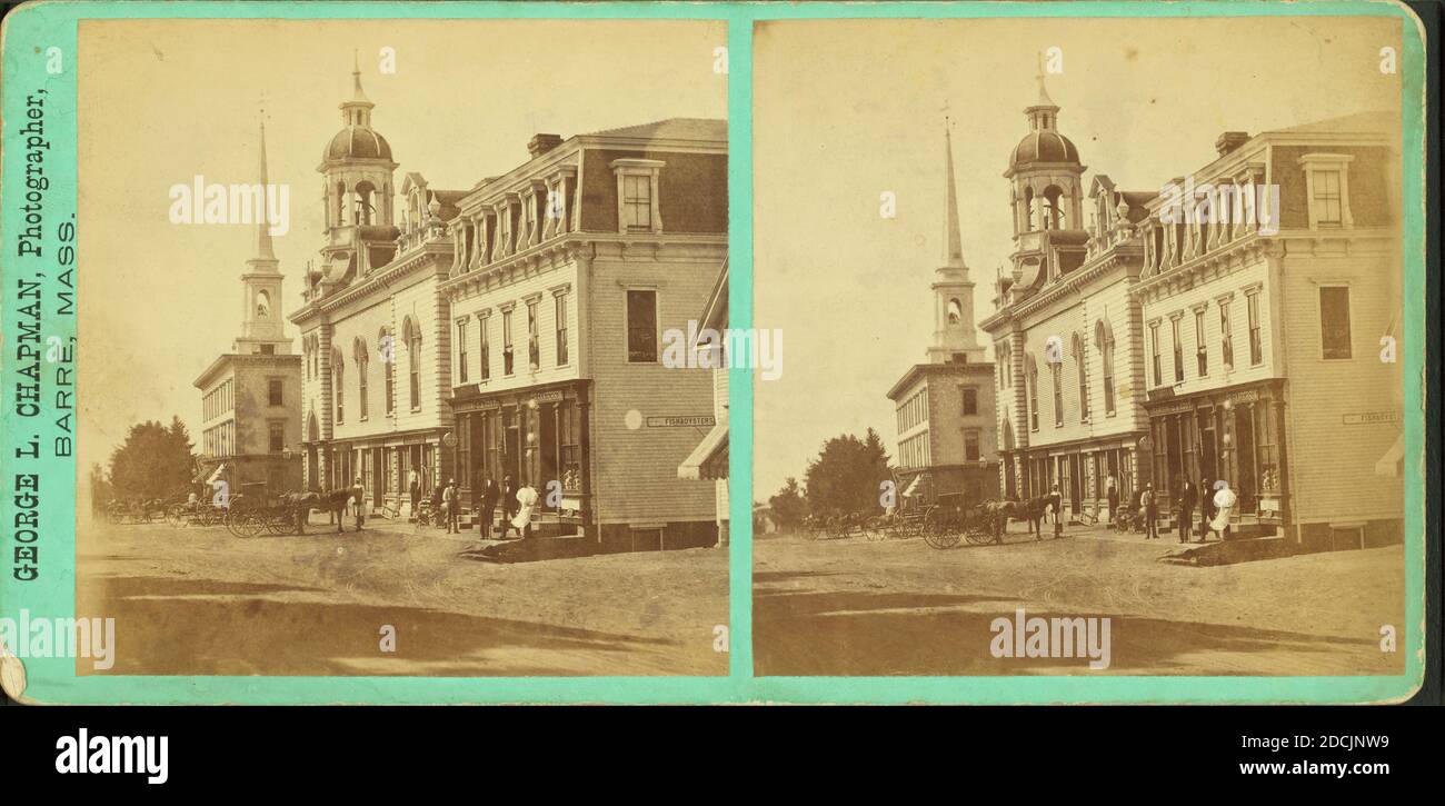 Straßenansicht mit Geschäften, Buggys und einer Kirche., Standbild, Stereografien, 1850 - 1930, Chapman, George L Stockfoto