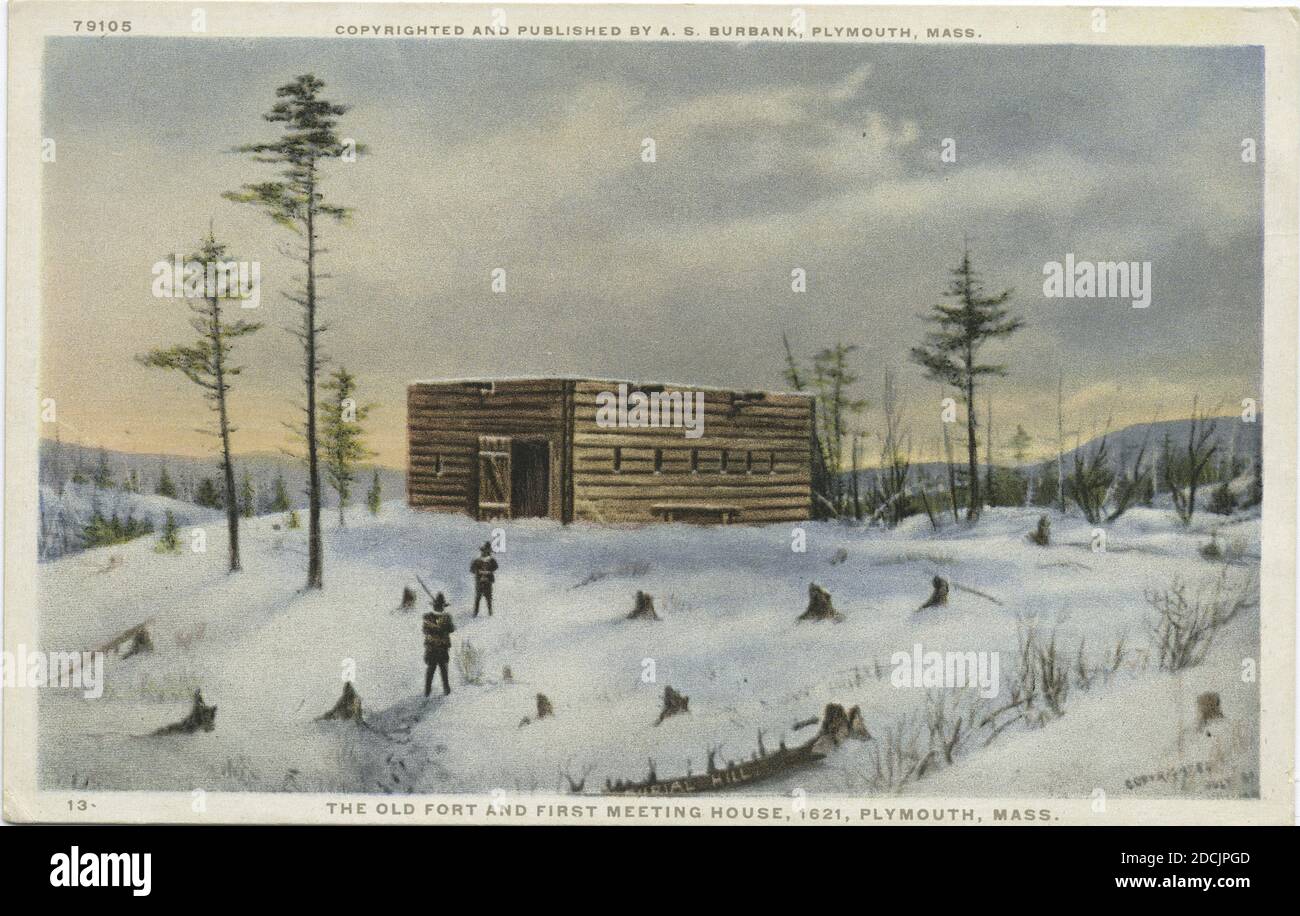 The Old Fort and First Meeting House, 1621, Plymouth, Mass., Standbild, Postkarten, 1898 - 1931 Stockfoto