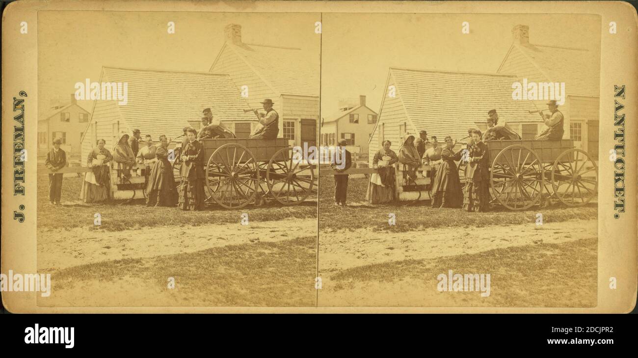 Menschen in und um einen Wagen versammelt., Standbild, Stereographen, 1850 - 1930, Freeman, J. (Josiah Stockfoto