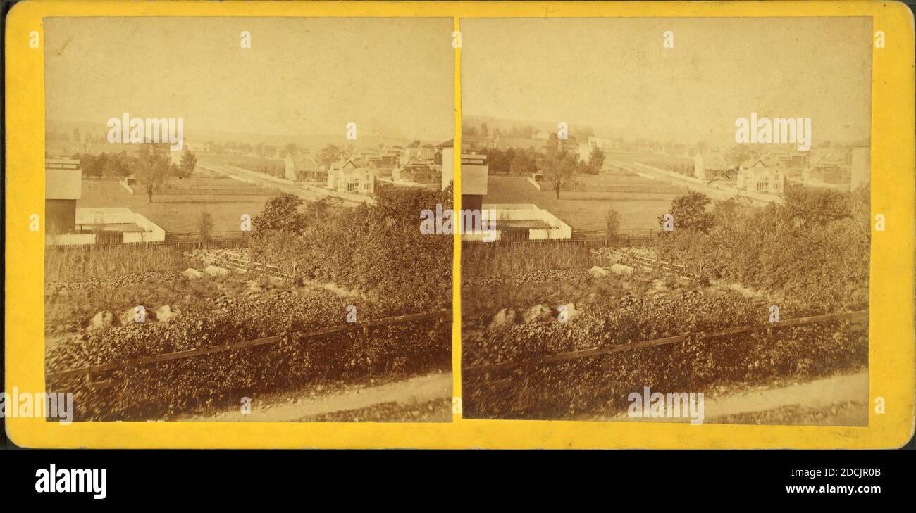 Feldkulisse im Vordergrund mit Häusern im Hintergrund. Standbild, Stereographen, 1880, Rogers, A. A Stockfoto