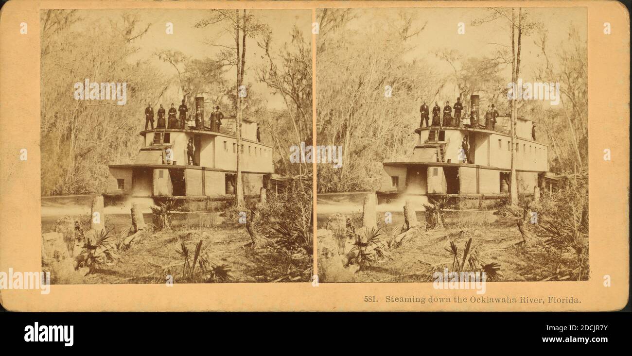 Steaming down Ocklawaha River, Florida., Standbild, Stereografien, 1850 - 1930, Kilburn Brothers Stockfoto