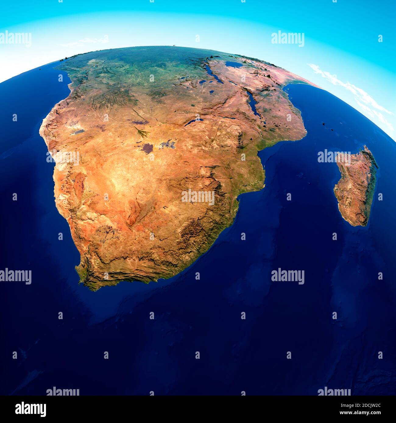 Weltkarte von Südafrika, geographische Karte, Physik. Kartographie, Atlas. Karte mit Reliefs und Bergen. Republik Südafrika. Satellitenansicht. 3d Stockfoto