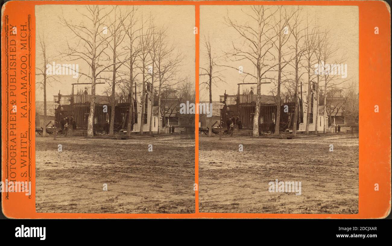 Gebranntes Holzrahmengebäude, Kalamazoo, mich., Standbild, Stereographen, 1850 - 1930, White, W. S. (Wallace S.) (1842-1921 Stockfoto