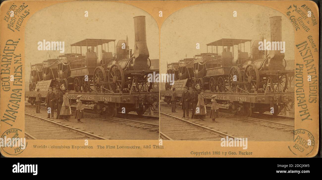 Die kolumbianische Ausstellung der Welt. Die erste Lokomotive, und Zug., Standbild, Stereographen, 1850 - 1930, Barker, George (1844-1894 Stockfoto