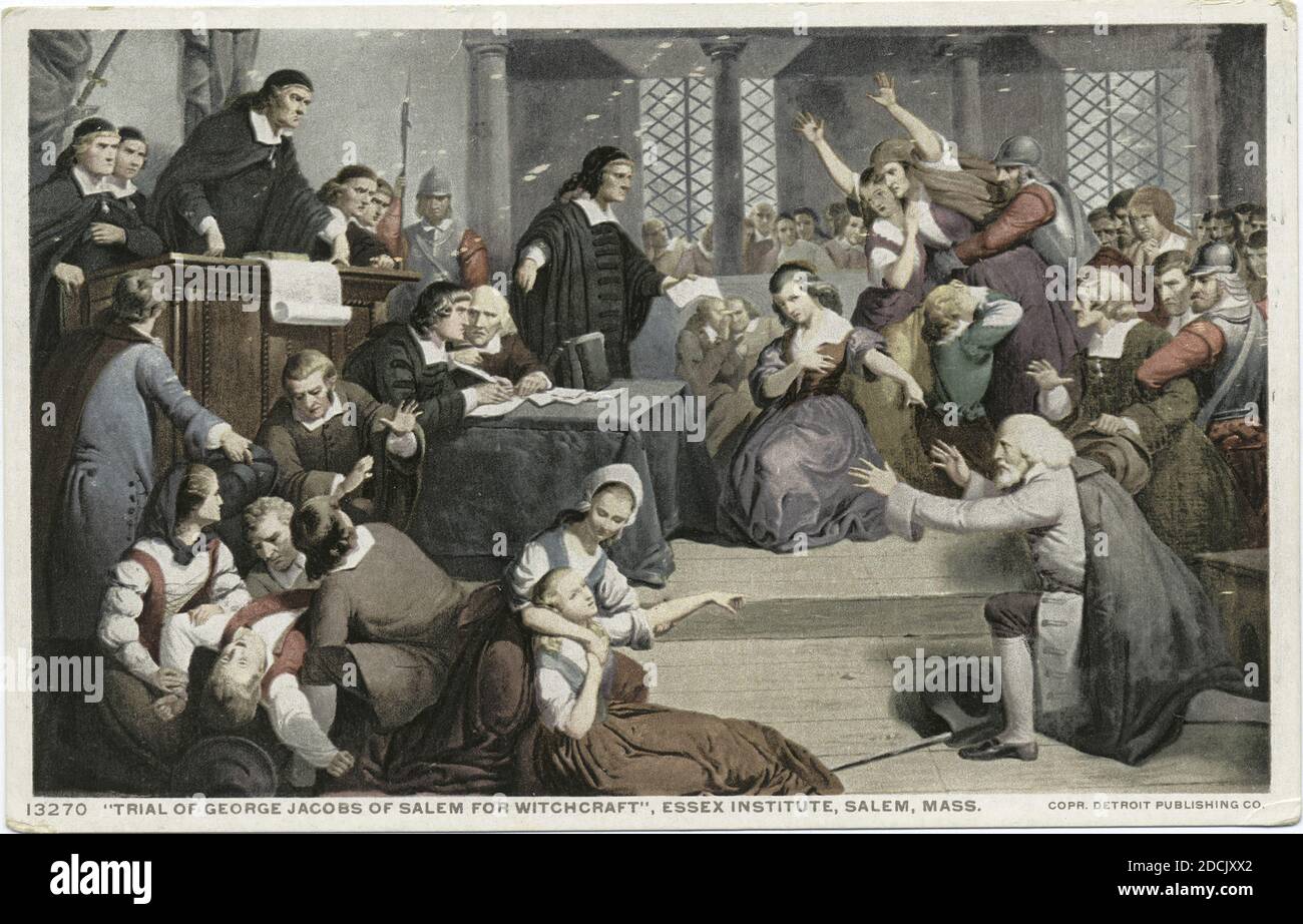 Gerichtsverfahren gegen George Jacobs für Hexerei, Salem, Messe, Standbild, Postkarten, 1898 - 1931 Stockfoto
