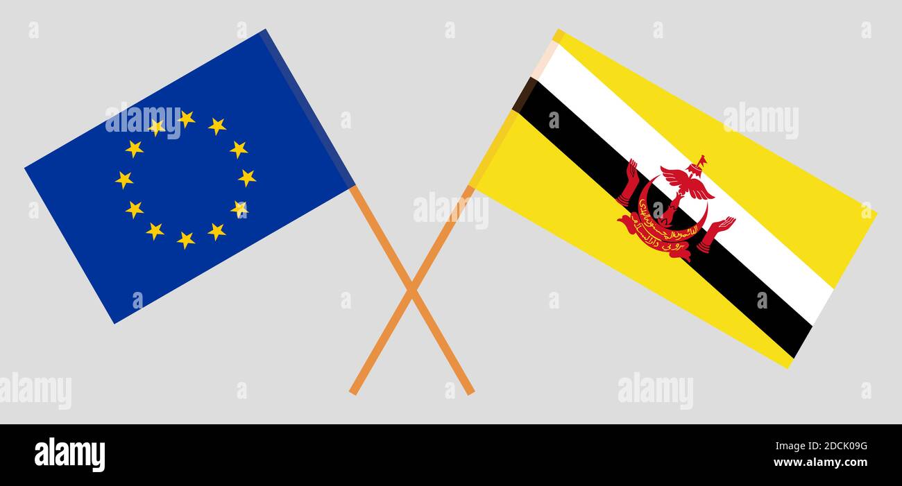 Gekreuzte Flaggen von Brunei und der EU. Offizielle Farben. Korrektes Verhältnis. Vektorgrafik Stock Vektor
