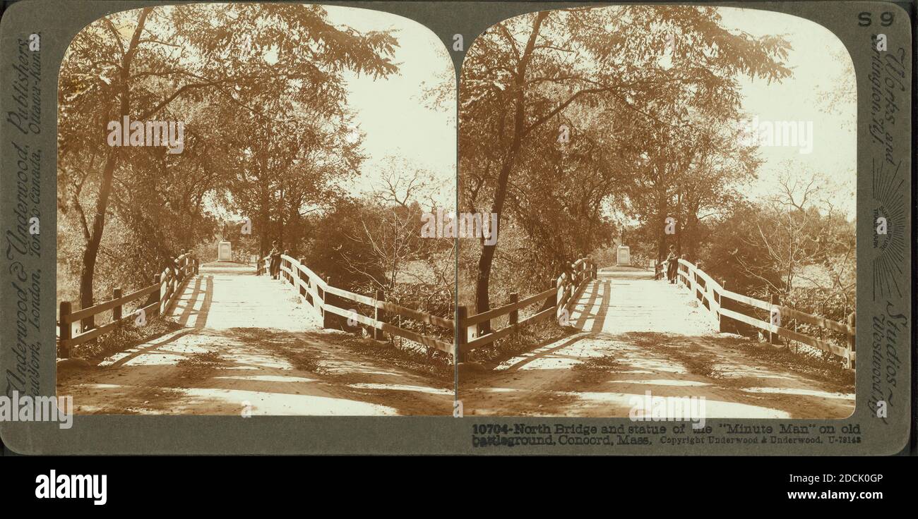 Nordbrücke und Statue des 'Menschen' auf altem Schlachtfeld, Concord, Mass., Standbild, Stereographen, 1910, Underwood & Underwood Stockfoto